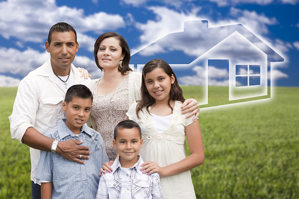 Family standing next to imaginary home